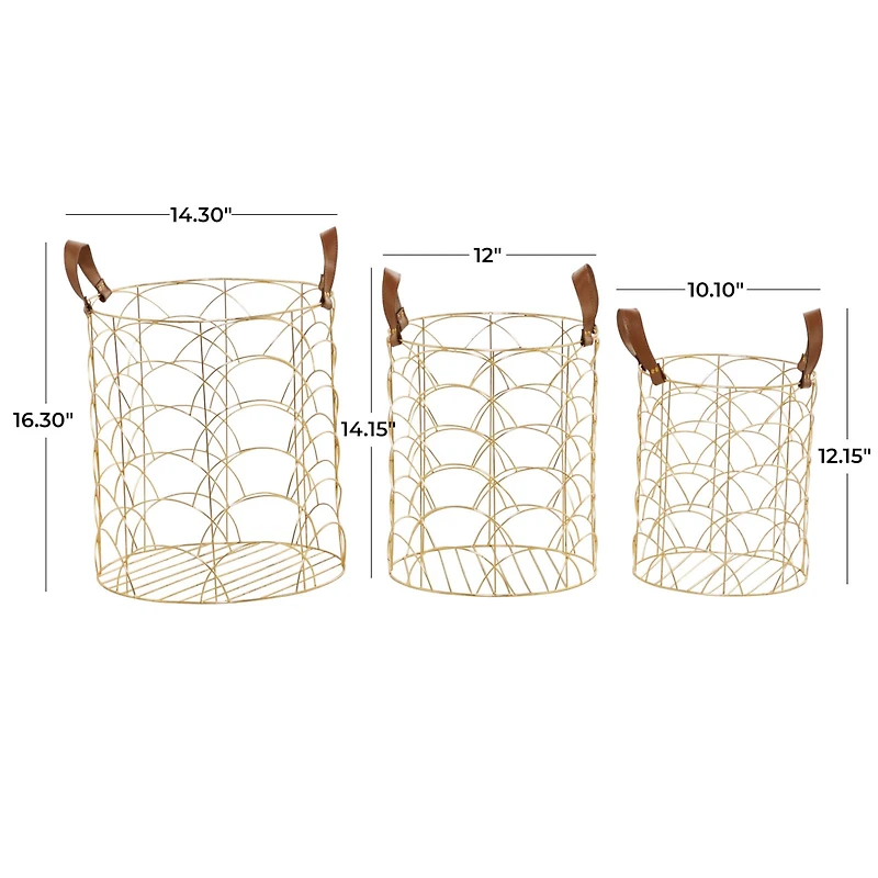 CosmoLiving by Cosmopolitan Gold Metal Storage Basket with Faux Leather Handles Set of 3 16", 14", 12"