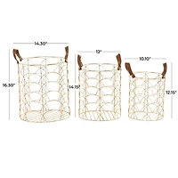 CosmoLiving by Cosmopolitan Gold Metal Storage Basket with Faux Leather Handles Set of 3 16", 14", 12"