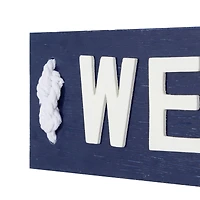 Coastal Blue and White Wood and Metal Welcome Sign, 6" x 32" x 2"