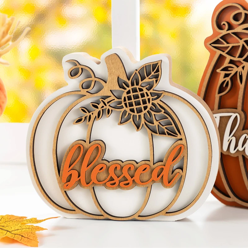 Glitzhome® 8"H Thanksgiving Wooden Pumpkin Table Decor Set