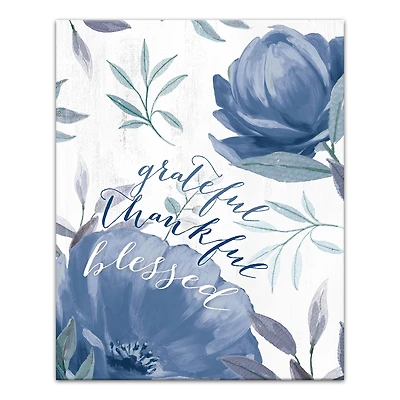 Blue Floral Grateful Thankful Blessed Canvas Wall Art