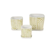 Green Geometric Linear Arch Pattern Ceramic Planter Set