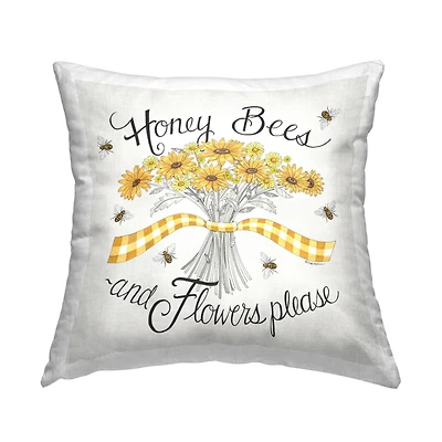Stupell Industries Honey Bees & Flowers Please Vintage Yellow Daisies Throw Pillow, 18" x 18"