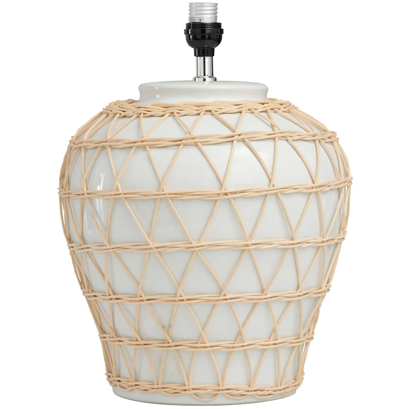 White Ceramic Woven Rattan Table Lamp with Linen Shade