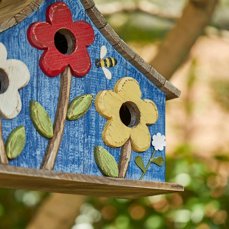 Glitzhome® 15" Blue Distressed Wood Birdhouse with Flowers