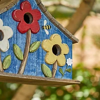 Glitzhome® 15" Blue Distressed Wood Birdhouse with Flowers