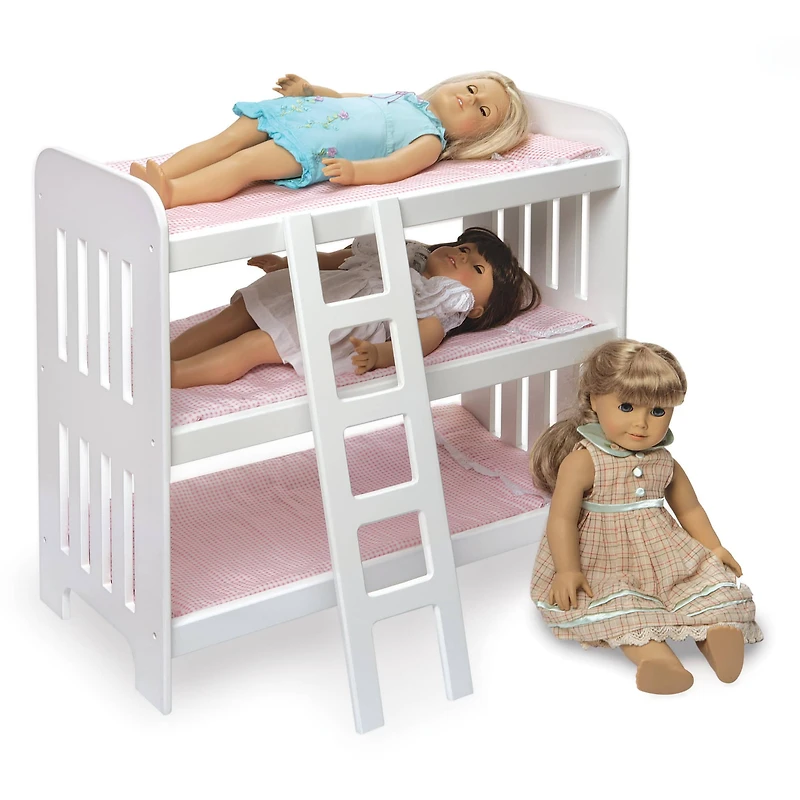 Badger Basket Pink Gingham Triple Doll Bunk Bed with Ladder & Bedding