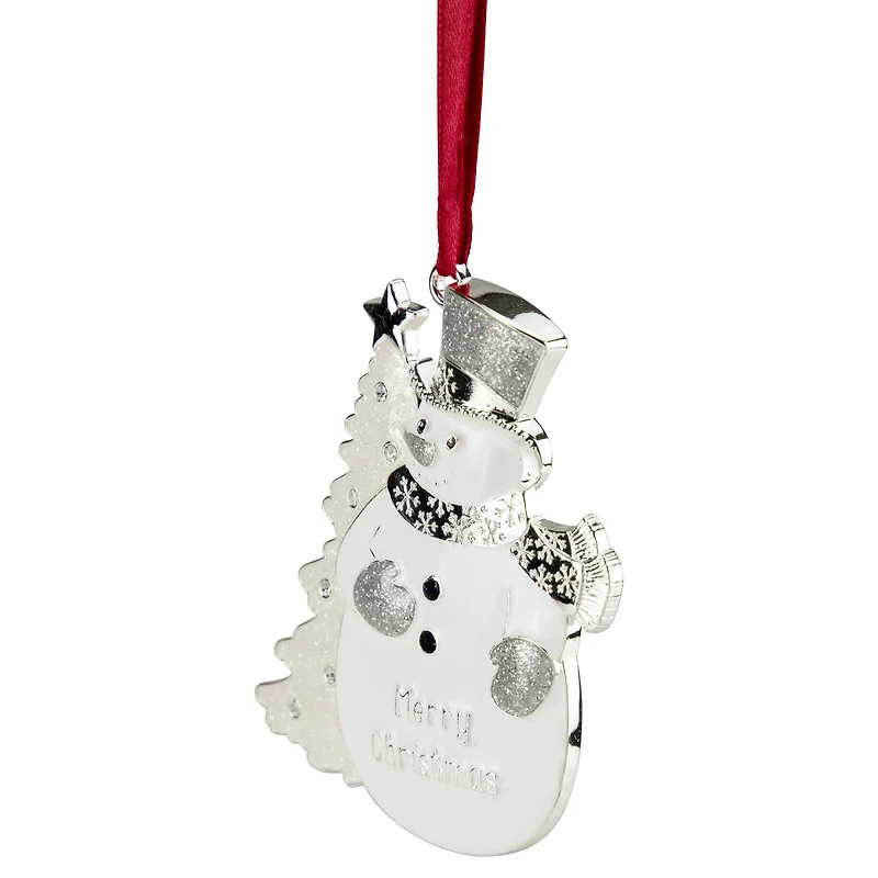 3.5" White Silver-Plated Snowman Merry Christmas Ornament with European Crystals