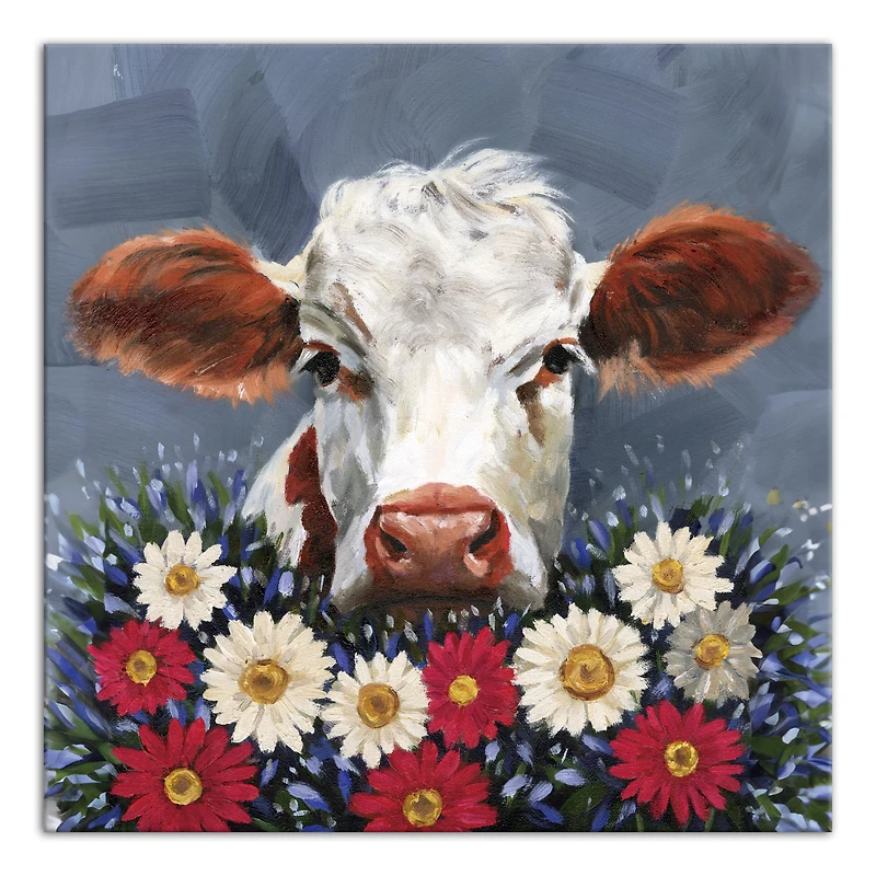 Patriotic Florals Cow I Canvas Wall Art
