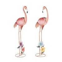 46" Tall Floral & Shimmer Pink Metal Flamingo Garden Sculpture Set