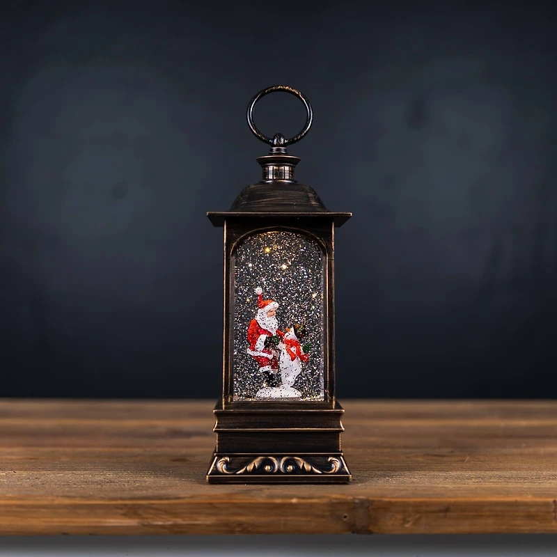10.5" LED Snow Globe Lantern with Santa and Snowman