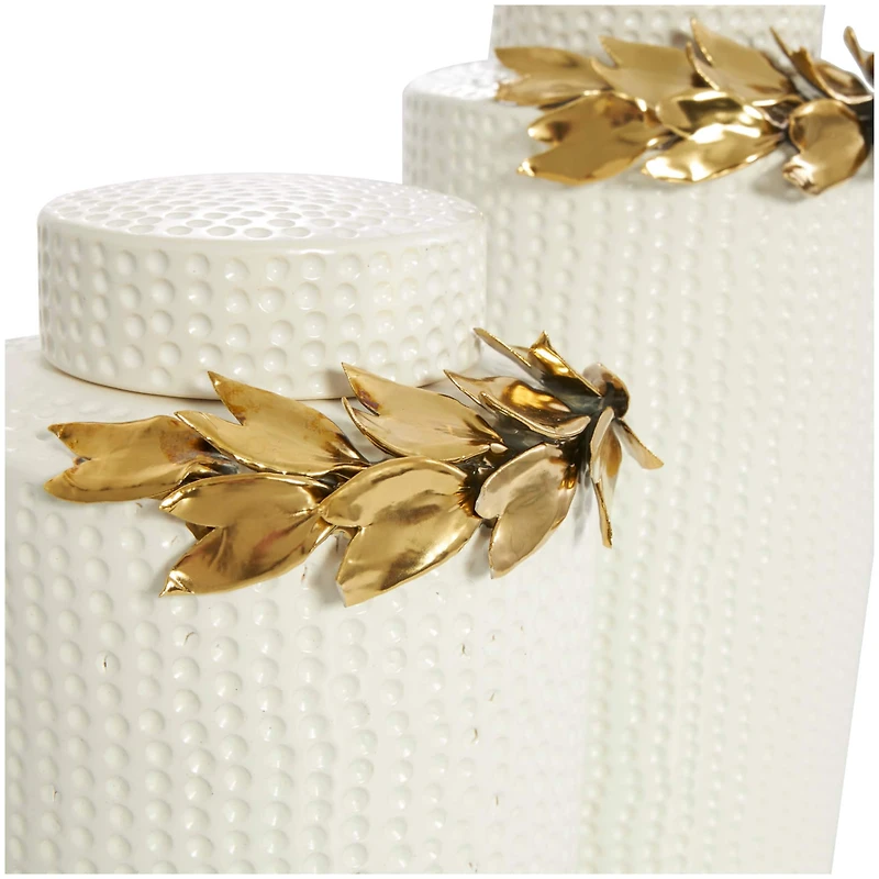 White Ceramic Decorative Jar Set with Abstract Spotted Pattern & Gold Leaf Accents