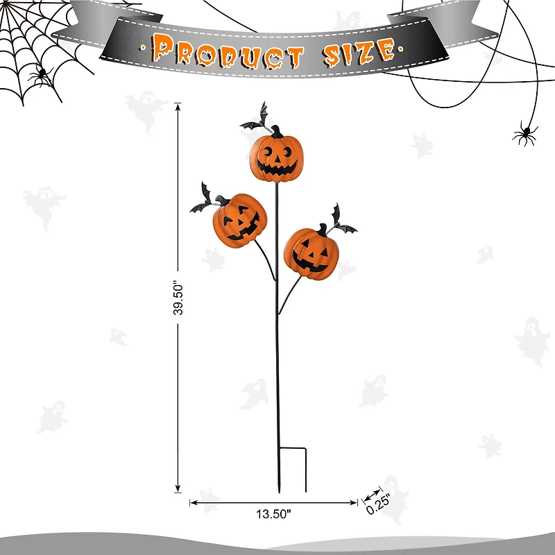 Glitzhome® 39.5"H Halloween Metal Triple Pumpkin with Spring Bats Yard Stake