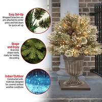 24" Glittery Bristle® Pine Porch Bush in Dark Bronze Plastic Urn with White Tipped Cones