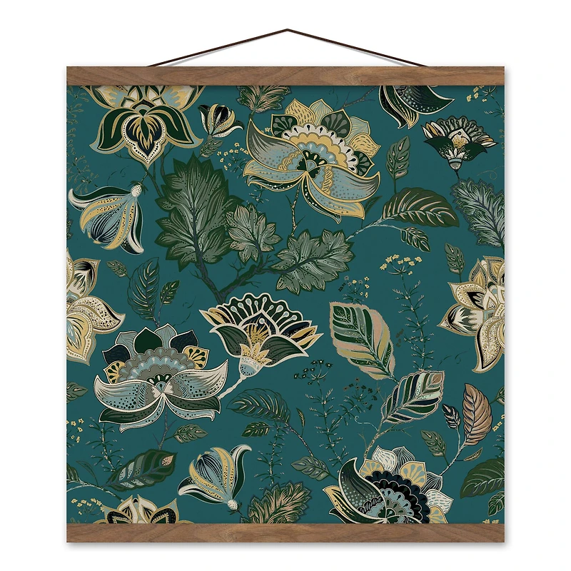 Ornate Teal Floral Teak Hanging Canvas Art