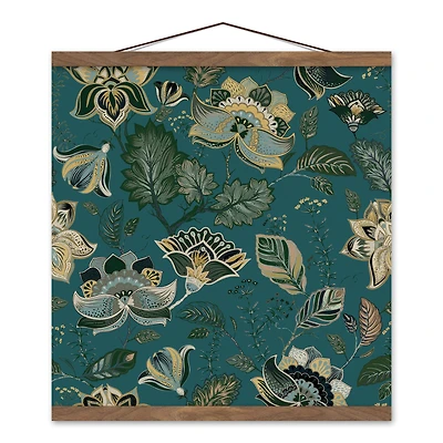 Ornate Teal Floral Teak Hanging Canvas Art