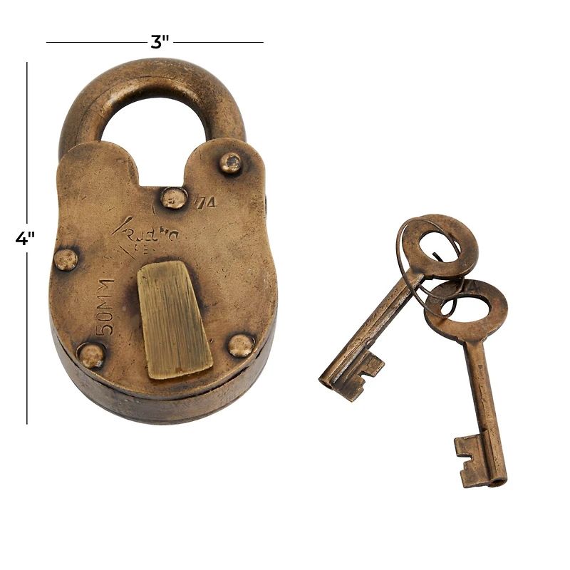 Brass Iron Eclectic Lock And Key, 3" x 4"