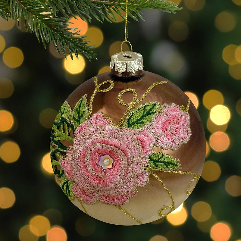 5" 2-Finish Brown & Pink Floral Applique Glass Ball Ornament