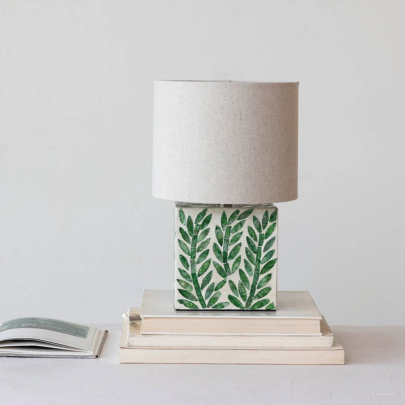 Hello Honey® 14" Green Botanical Pattern Reclaimed Wood & Shell Table Lamp with Linen Shade, 2ct.
