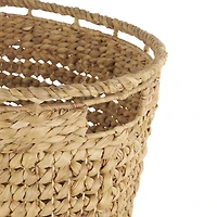 30" Brown Seagrass Handmade Woven Oval Storage Basket with Elevated Rim & Slot Handles