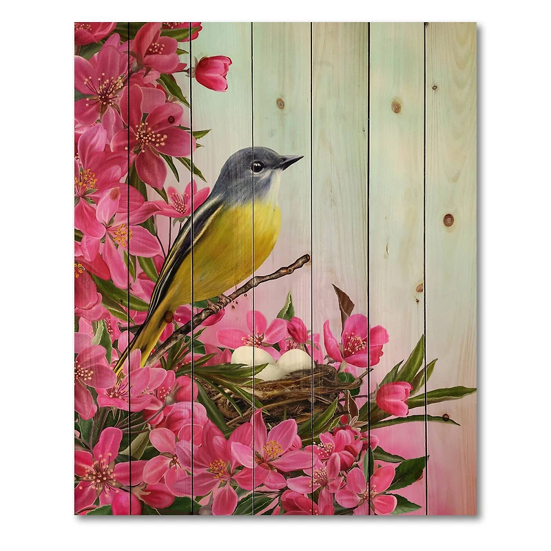 Designart - Little Yellow Bird Near The Nest with Flowers