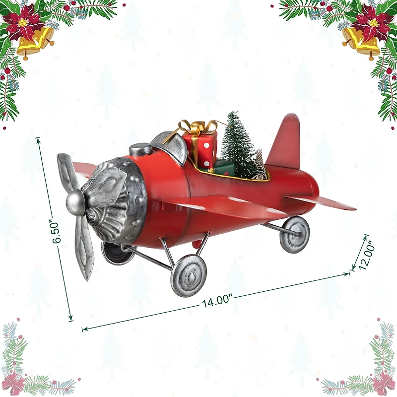 Glitzhome® 14" Christmas Metal Airplane with Gifts Table Décor