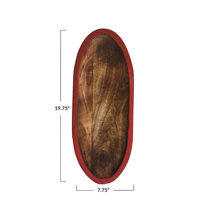 Hello Honey® 19.75" Hand-Carved Mango Wood Oval Tray with Red Enameled Edge