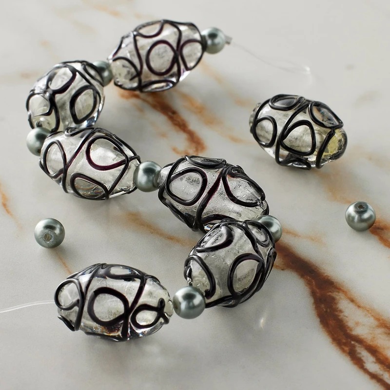 Black Lines Lampwork Glass Oval Bead Mix by Bead Landing™