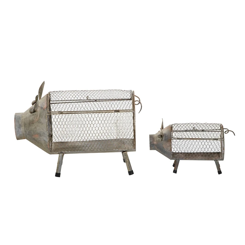 Gray Distressed Metal Farmhouse Pig Planter Set