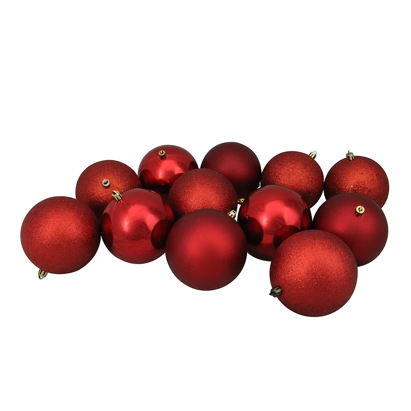 12ct. 4" Red Shatterproof 4-Finish Christmas Ball Ornaments