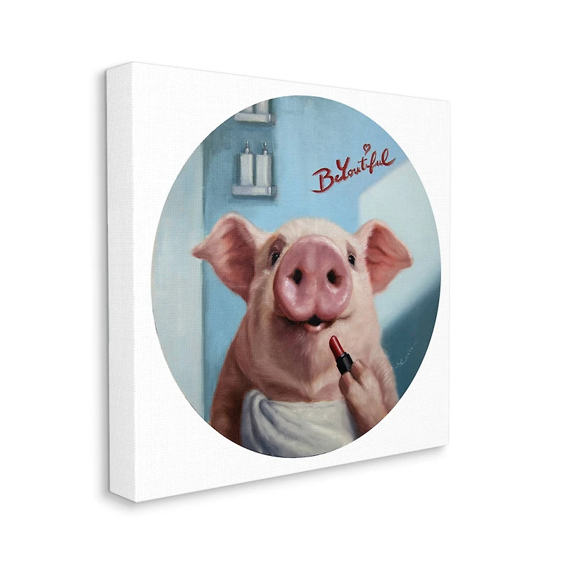 Stupell Industries Be-You-Tiful Pink Pig in Towel Lipstick Big Snout Canvas Wall Art