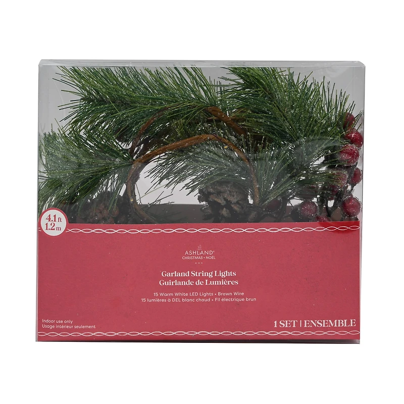15ct. Warm White LED Iced Pine & Red Berry Garland String Lights on Brown Wire by Ashland®