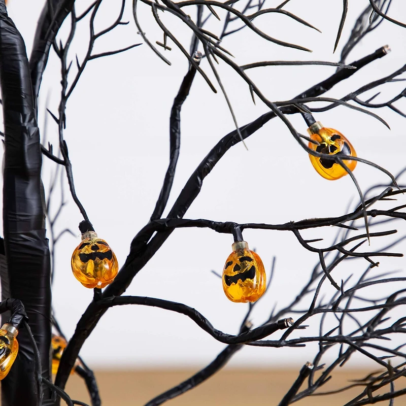 3ft. Pre-Lit Artificial Halloween Black Twig Tree with 18 Orange LED Pumpkin Shaped Lights
