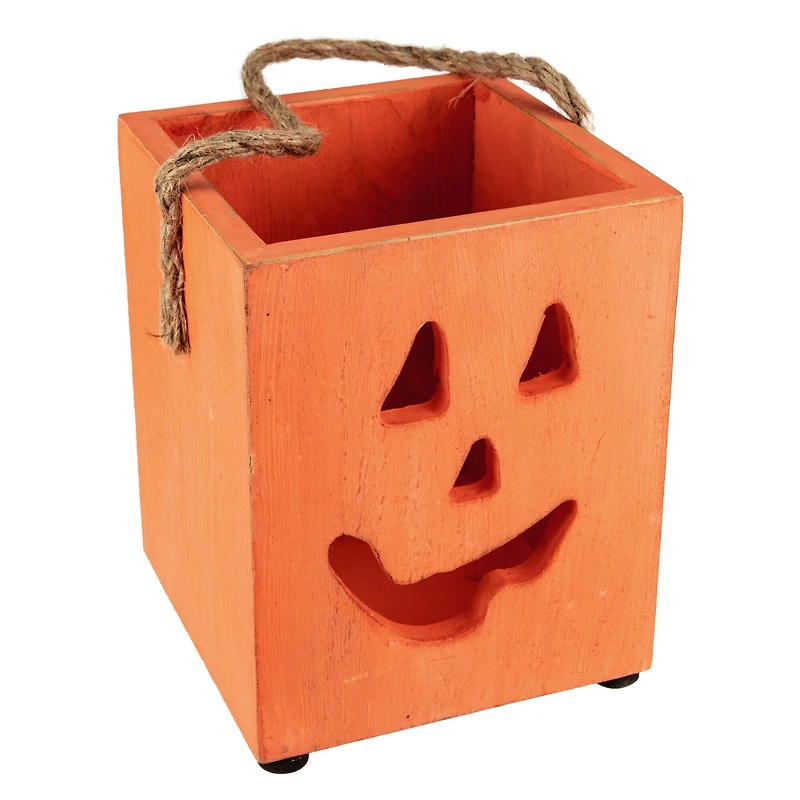 6" Orange Wood Jack-O-Lantern Halloween Candle Lantern