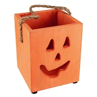 6" Orange Wood Jack-O-Lantern Halloween Candle Lantern