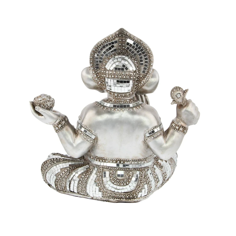 12" Silver Polystone Ganesh Meditating Sculpture