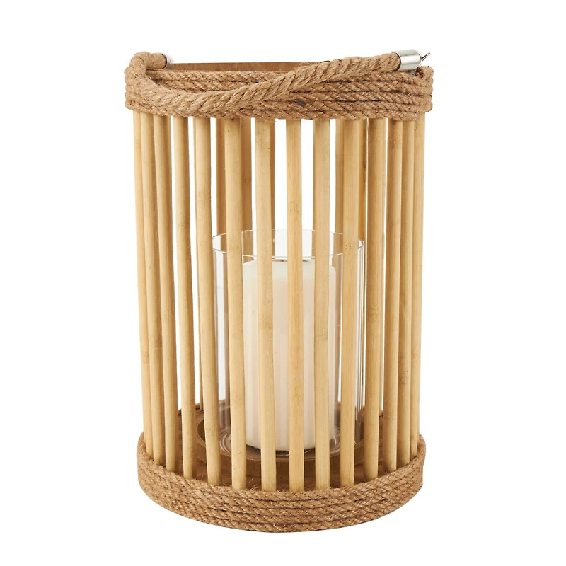 13" Brown Bamboo Handmade Open Framed Caged Candle Lantern with Rope Handle