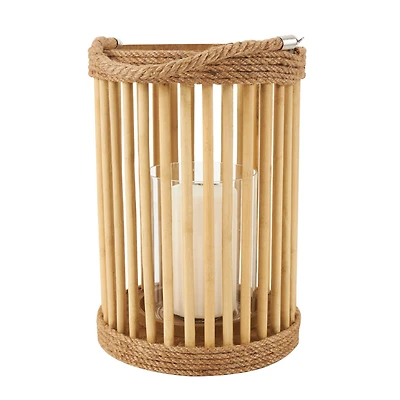 13" Brown Bamboo Handmade Open Framed Caged Candle Lantern with Rope Handle