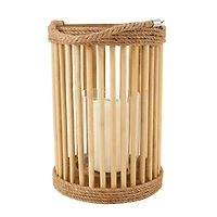 13" Brown Bamboo Handmade Open Framed Caged Candle Lantern with Rope Handle