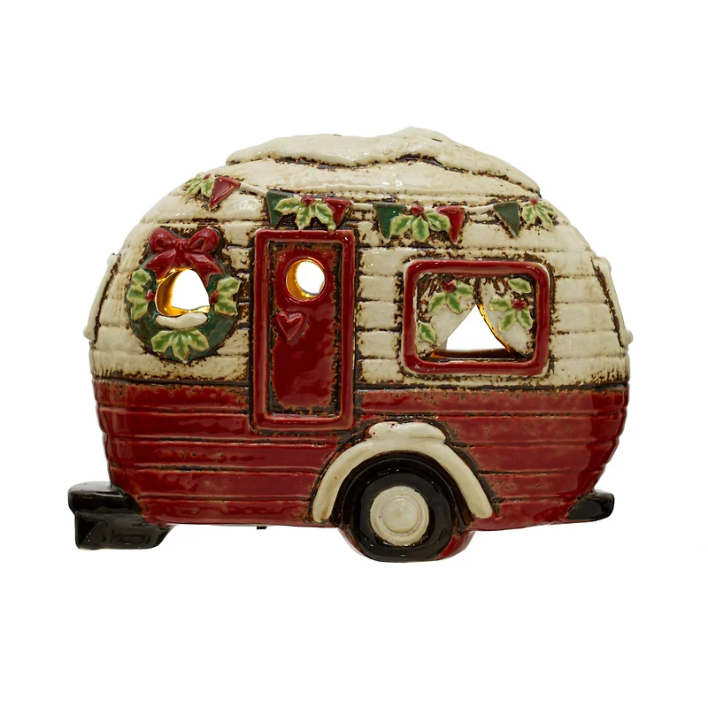Hello Honey® 7.25" Red, Cream & Green Hand-Painted Stoneware Camper with LED Lights & Reactive Glaze