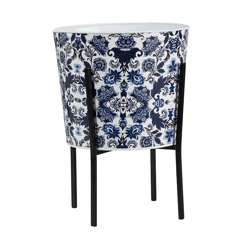 16" Oriental Blue and White Classic Round Metal Planter with Stand