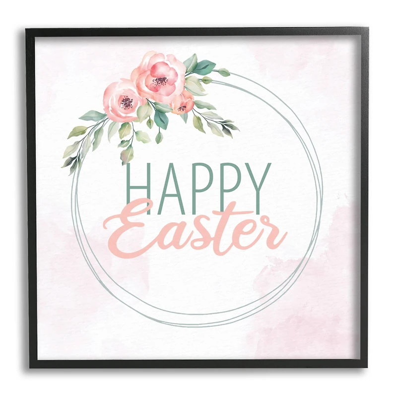 Stupell Industries Happy Easter Round Floral Border Pastel Pink Design Framed Giclee Art
