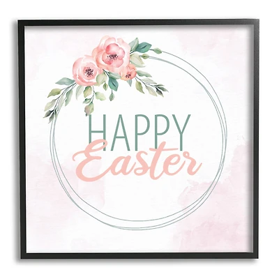 Stupell Industries Happy Easter Round Floral Border Pastel Pink Design Framed Giclee Art