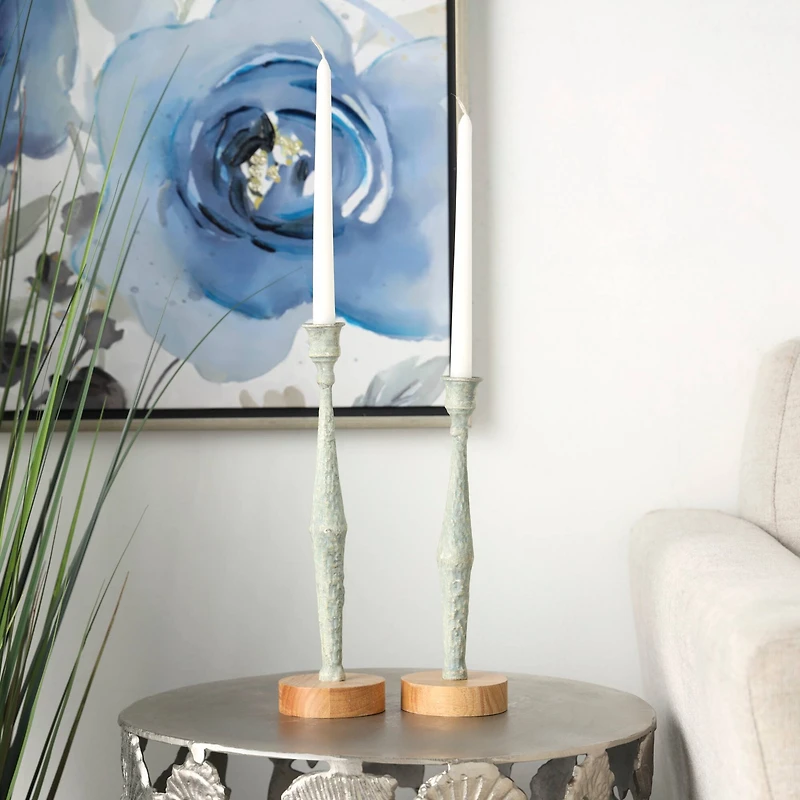 Light Blue Metal Textured Tapered Candle Holder Set