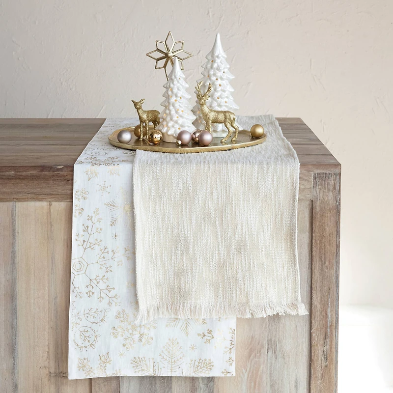 Hello Honey® 108" Natural Woven Cotton Slub Table Runner with Metallic Gold Thread & Fringe