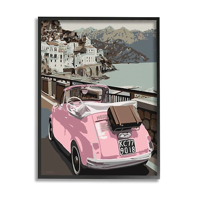 Stupell Industries Pink Car Cliffside Town on Waterfront Road in Frame Wall Art