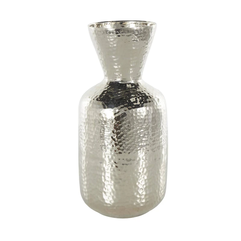 13" Silver Aluminum Metal Hammered Vase with Cone Shaped Opening