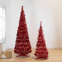 6ft. Pre-Lit Red Tinsel Artificial Pop-Up Christmas Tree, Clear Lights