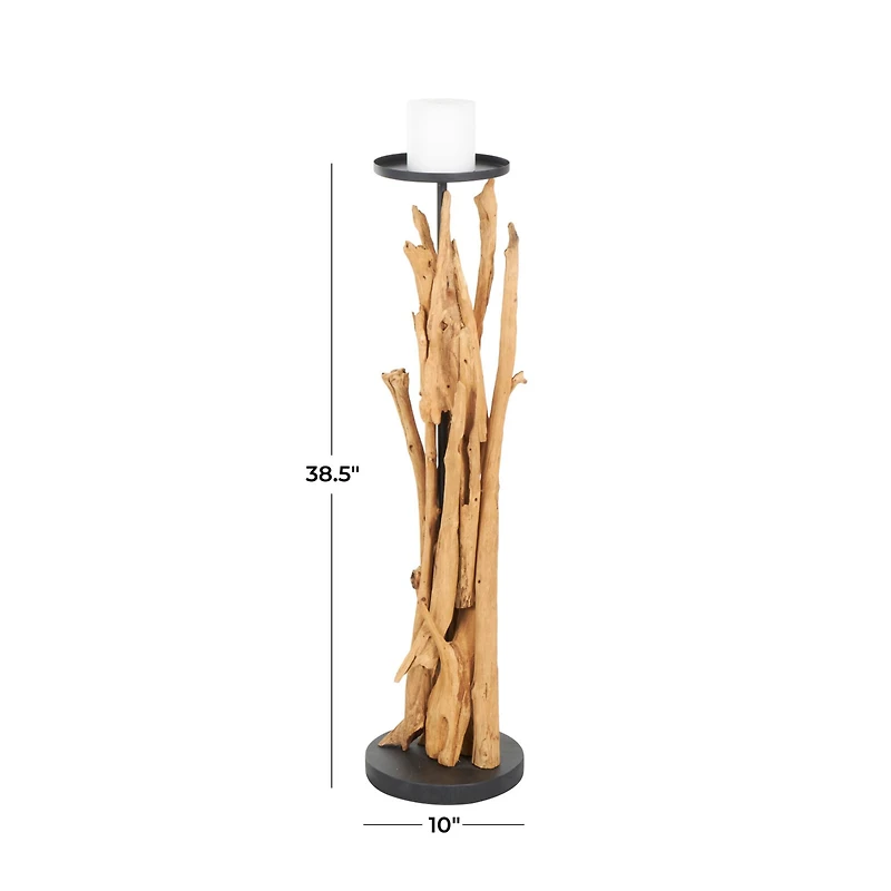 39" Brown Teak Wood Handmade Tall Tree Branch Floor Candle Holder with Black Metal Accents