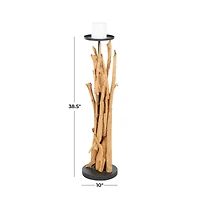 39" Brown Teak Wood Handmade Tall Tree Branch Floor Candle Holder with Black Metal Accents